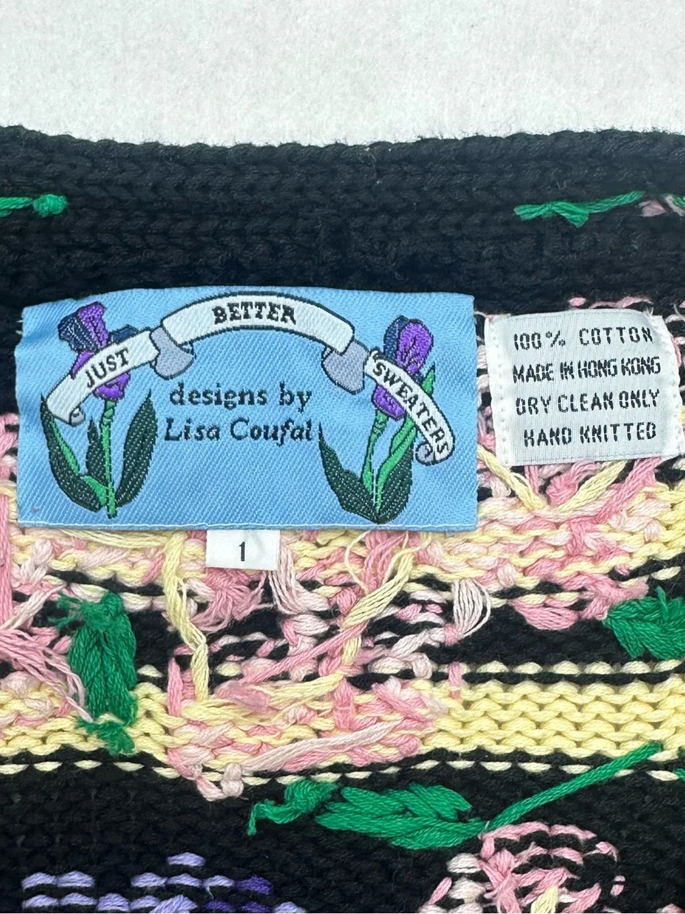 Vintage Hand Knitted Lisa Coufal Floral Sweater 100% Cotton 3D Embroidery Size L